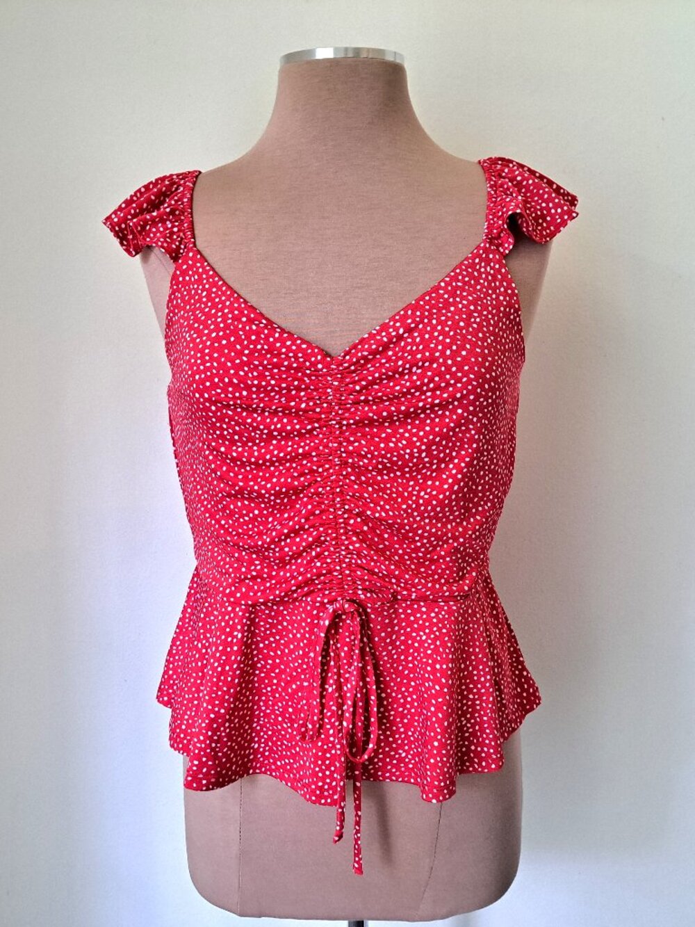 Lily White Juniors Polka Dots Tank Top Ruffle Strap Red/White Size XL